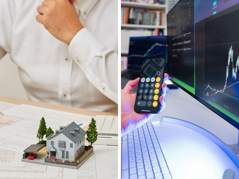 finanza mobiliare vs finanza immobiliare foto divisa in due con uomo con casa e uomo con azioni in borsa